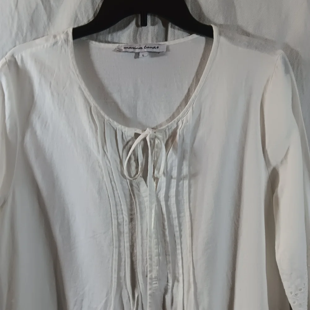 Marina Luna Womens Large Top White Linen Blend Tunic Eyelet Trim Beach Blouse